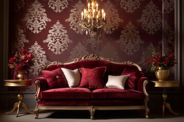A room adorned with burgundy and gold damask-patterned wallpaper, creating a sense of timeless sophistication. Vintage furniture pieces and antique accents, complementing the intricate damask design. - obrazy, fototapety, plakaty