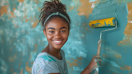 african american teen girl painting the wall of her house with a roller brush. generative ai