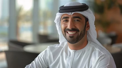 Rolgordijnen Happy Emirati Arab at office wearing Kandura looking at front ideal for Middle East business concept © Sasint