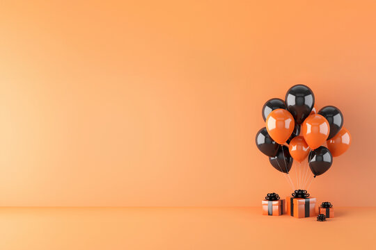 Paquets cadeaux noir et orange ruban noir avec nœuds en bolduc ballon baudruche noir et orange sur fond orange. Espace texte copyspace, célébrations, anniversaire, Halloween, Thanksgiving