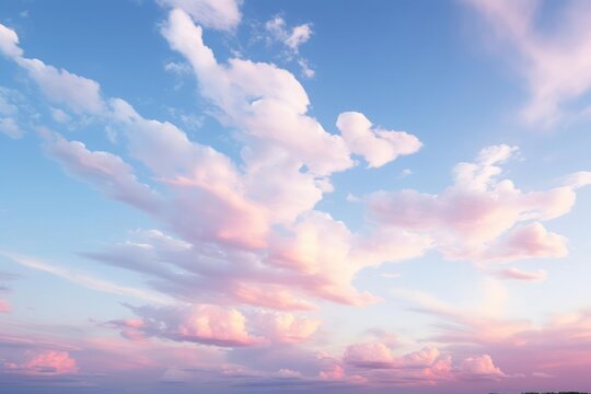 The sky painted in soft hues of lavender, peach, and baby blue, with delicate clouds forming ethereal shapes.