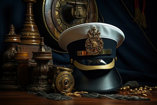 Navy cap with gold medal and clock on the wooden table. navy captain themed image. navy officer's uniform. concept on navy life.