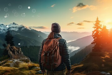 Hiker with backpack on the background of high mountains. The concept of active tourism. female traveler with beautiful landscape at sunset.