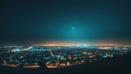 Fototapeta na wymiar Night city view with a crescent moon and the city lights.