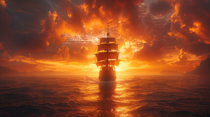 a pirate ship sailing in the middle of the sea strom with a beautiful sunset view,generatrive ai - obrazy, fototapety, plakaty