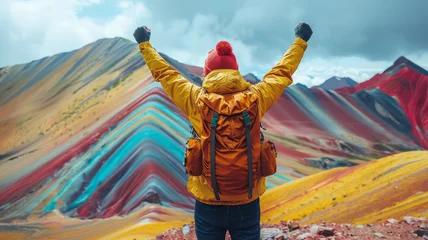 Rolgordijnen Vinicunca a man tourist is standing with both hands raised After successfully conquering the peak , on top of a mountain,Vinicunca Rainbow Mountain,generative ai