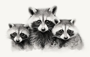 Beautiful black and white portrait of three raccoon's staring at the camera.