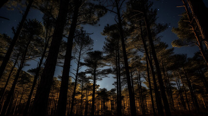 Fototapeta premium View of a pine forest at night with stars in the sky