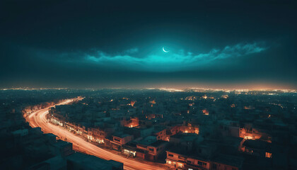 Fototapeta premium Night city view with a crescent moon and the city lights.