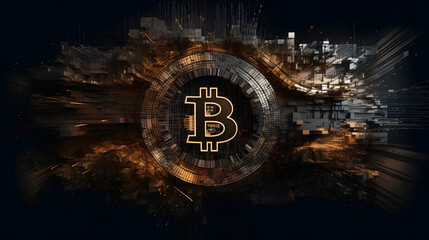 bitcoin symbol on a dark background in an abstract form stock fotografic