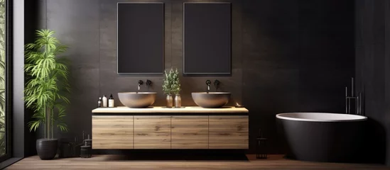 Foto op Canvas A contemporary bathroom featuring two elegant sinks with mirrors positioned next to a window. A stylish bathtub with a table and plant rests against a wooden wall, © Vusal