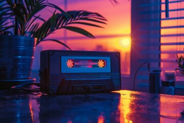 Vintage Cassette Player Illuminated by Sunset Through Window Blinds