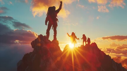 Male hiker celebrating success on top of a mountain in a majestic sunrise and Climbing group friends helping hike up .Teamwork , Helps ,Success, winner and Leadership - obrazy, fototapety, plakaty