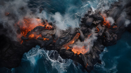 lava over the ocean aerial photography