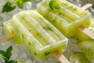  honeydew mojito popsicles with mint leaves isolated on ice, popsicles, ice cream, summer treats, green popsicles, refreshing summer desserts, homemade popsicles, ice pops, fruit popsicles