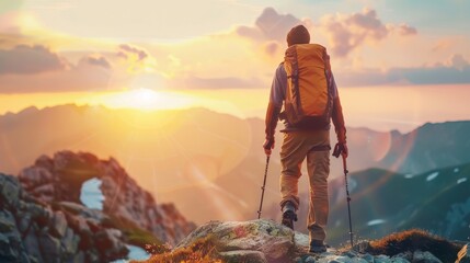 Male hiker with backpack walking on top rock mountain landscape and beautiful view sunset background.Hiker men's hiking living healthy active lifestyle.