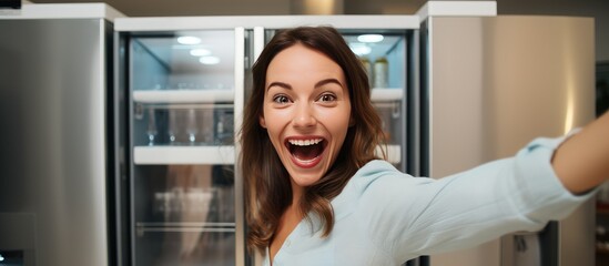 Fototapeta na wymiar A happy young female is standing in front of an open refrigerator, showcasing its features in a domestic appliances section of a store. She appears to be examining the contents of the fridge.
