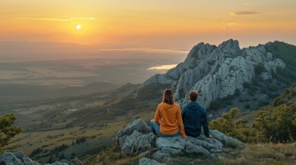 Fototapeta premium Man and women overview sunset landscape in Crimea mountain