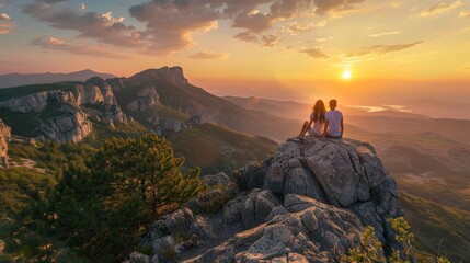 Man and women overview sunset landscape in Crimea mountain - obrazy, fototapety, plakaty