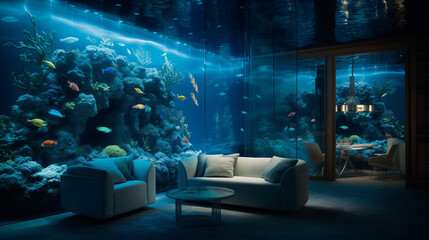 Aquarium-inspired wall with intricate underwater patterns, turning a lounge area into a uniquely serene aquatic escape 