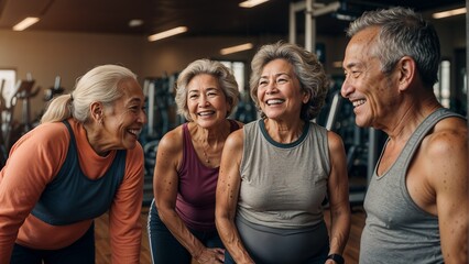 A group of senior citizens smiles brightly in their gym outfits