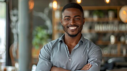 Handsome unshaven young dark-skinned male laughing out loud at funny meme he found on internet, smiling broadly, showing his white straight teeth. Positive human facial expressions and emotions