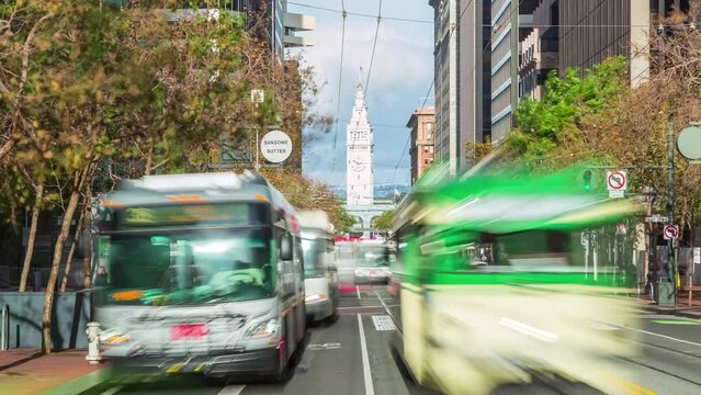 SAN FRANCISCO, USA - MARCH 7, 2024: Scenic timelapse hyperlapse city view on San Francisco downtown, historical and business city center, famous touristic landmark.