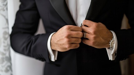 Man in suit fixing his cufflinks