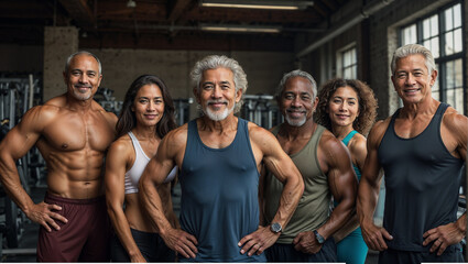 A mix of elderly men and women poses for a fitness class photo, showcasing their enthusiasm for staying healthy - obrazy, fototapety, plakaty