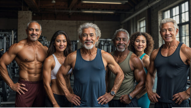 A mix of elderly men and women poses for a fitness class photo, showcasing their enthusiasm for staying healthy