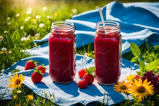 vibrant berry smoothie housed in a mason jar perched atop a classic red and white picnic blanket