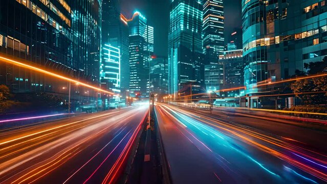 modern building. Light trails at night in urban environment, Abstract Motion Blur City, traffic, transportation, street, road, speed.