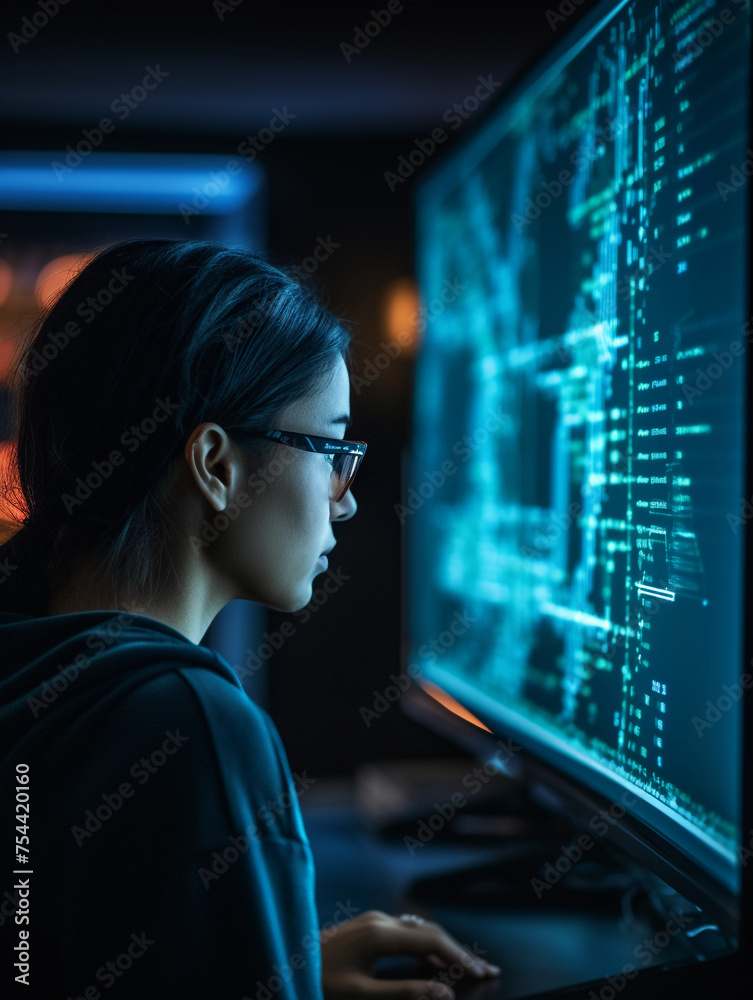 Poster woman programmer looking at lines of code on a screen