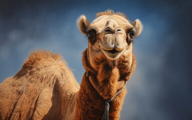 Beautiful camel looking into the camera on a blue background. 