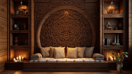  Cozy reading nook featuring an intricately carved wooden wall, incorporating unique patterns for a warm and inviting atmosphere