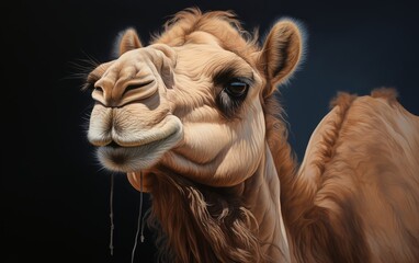 Portrait of a camel close to the camera on a dark background.  - obrazy, fototapety, plakaty
