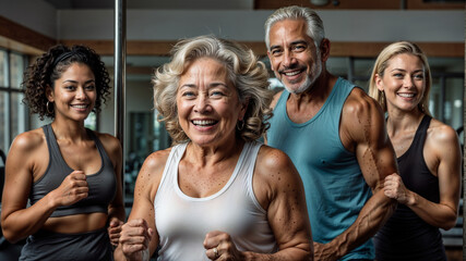 Multi-Ethnic Group of Seniors Enjoy Group Fitness
