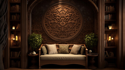  Cozy reading nook featuring an intricately carved wooden wall, incorporating unique patterns for a warm and inviting atmosphere