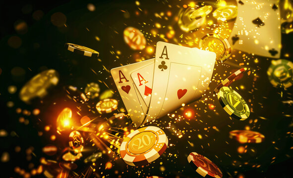 High Stakes Casino Ambiance with Aces and Golden Chips - Opulent Poker Game with Glittering Lights Effect