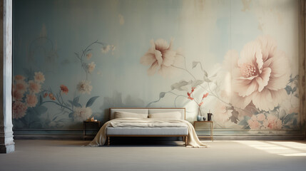 Ethereal floral patterns intricately painted on a bedroom wall, adding a touch of nature to the unique interio