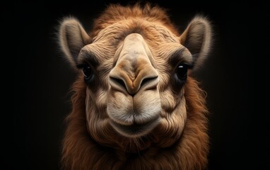 Portrait of a camel looking into the camera on a black background. 