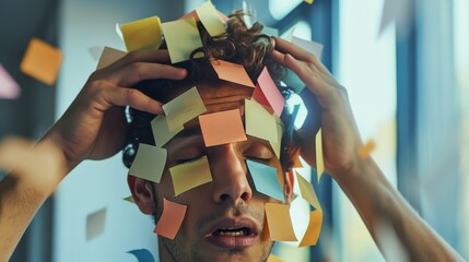 Man's face covered with todo post-it notes with hands grabbing hair on the head - obrazy, fototapety, plakaty