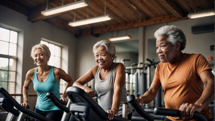 A group of smiling seniors poses for a photo at the gym, showcasing their vibrant diversity