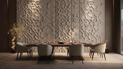 Exquisite dining room with an intricately designed wall made of textured tiles, incorporating unique patterns to enhance the overall aesthetic