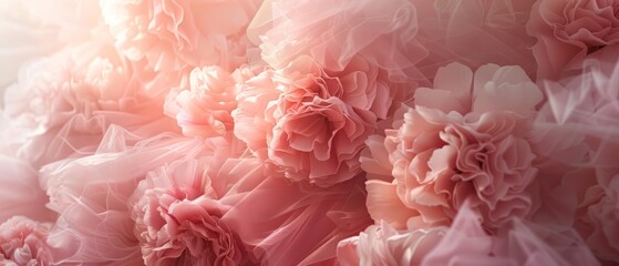 draped background of pink powdery fabric in the form of tulle and flower, texture. a pink and purple background with a lot of flowers. Generative ai