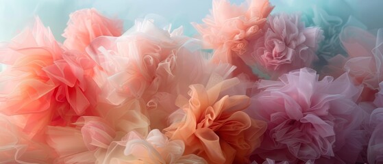 Fototapeta premium draped background of pink powdery fabric in the form of tulle and flower, texture. a pink and purple background with a lot of flowers. Generative ai
