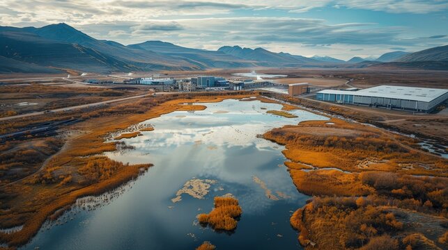 An aerial view of a remote industrial facility encroaching upon pristine natural landscapes