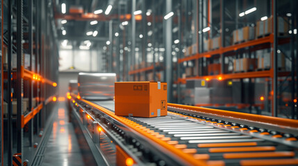 A modern automated warehouse interior with an orange package moving along a conveyor system, with tall storage shelves in the background.. - obrazy, fototapety, plakaty