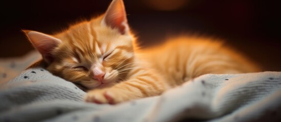 An orange kitten with a fluffy coat is peacefully taking a nap on top of a soft blanket, curled up in a cozy and adorable position. - Powered by Adobe