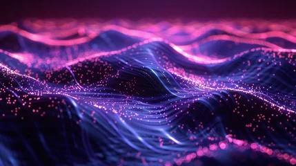 Zelfklevend Fotobehang A vibrant neon wave pattern flowing across. © Anthony